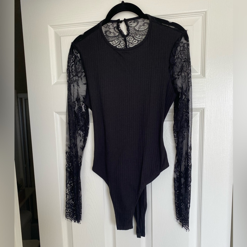 Shein Womens black long sleeve body suit with lace detail- new without tags!